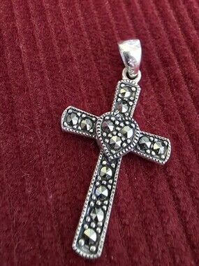 Sterling Silver Marcasite Cross Pendant in Black and Silver - Marked 925